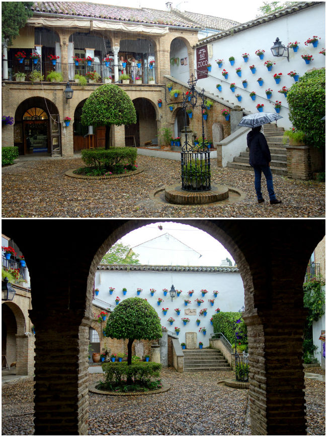 ツーリストインフォを兼ねた建物で雨宿り。<br />この日のコルドバは降ったり止んだり、で時々大雨になったり。<br />幸いパティオは回廊で囲まれているので、雨宿りにはちょうど良かった。