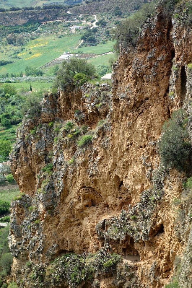 よく見ると崖の中に洞窟が沢山あるのが分かる。<br /><br />近隣のクエバ洞窟内で、洞窟壁画が見つかっており、<br />ロンダ周辺には新石器時代から人が定住していたとみられているって、<br />wikiには書いてあった。