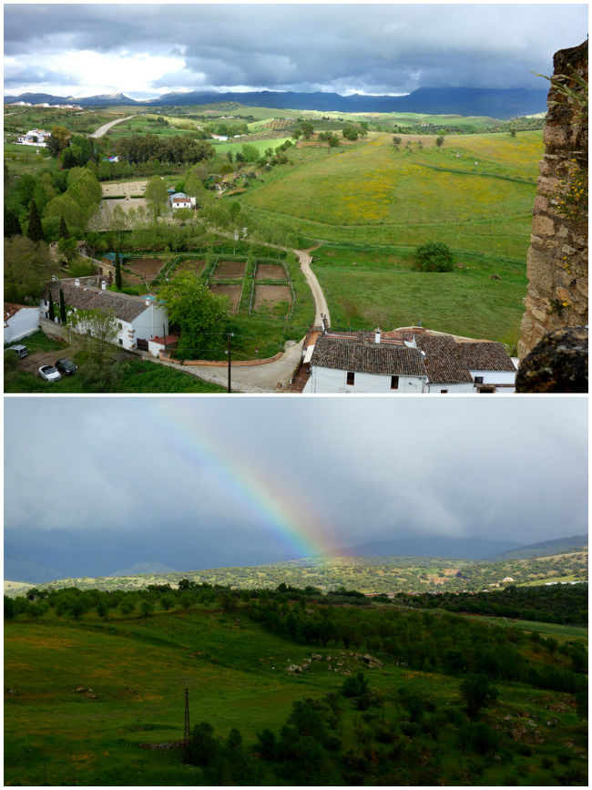 眼下はのどかな草原が広がり、別方向にはなんと虹がかかっていました。<br />雨にたたられてばかりだったので、ご褒美のように感じる。