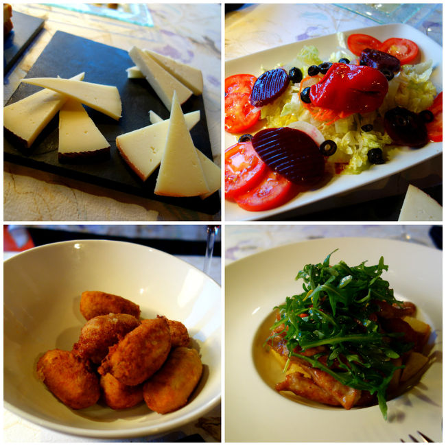 前菜にサラダ、久しぶりにビーツを食べた。<br />私はバカラオ(干ダラ)のコロッケ←さんざん昨年ポルトガルでも食べたが、<br />相棒はポークの照り焼き。スペインで照り焼きかよ〜。<br />チーズは年代順でやっぱり熟成が一番おいしかった。