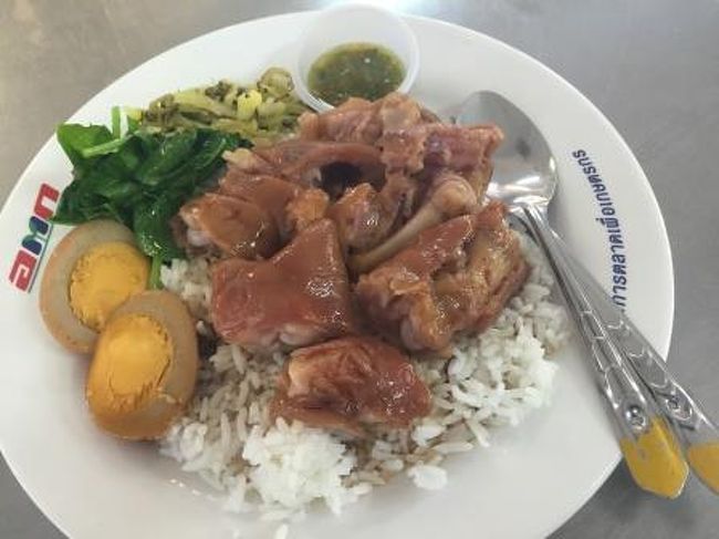 こちらでまず、朝食をいただきます。こちらは豚足乗せのご飯「カオカームー」です。