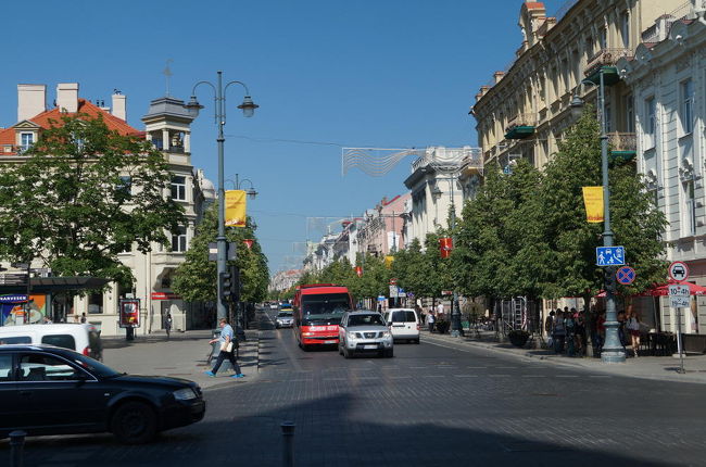 大聖堂前広場へ戻って近くのキヨスク（売店）で公共交通カード（ビリニエチオ・コルテレ、24時間チャージ込み4.98E）を購入。その後交差点角（写真右隅・解りにくくてすみません）にあったKFCで昼食。なお、正面に伸びている道路はゲディミナス通り。有名店が集まる繁華街通りとなっている。<br />