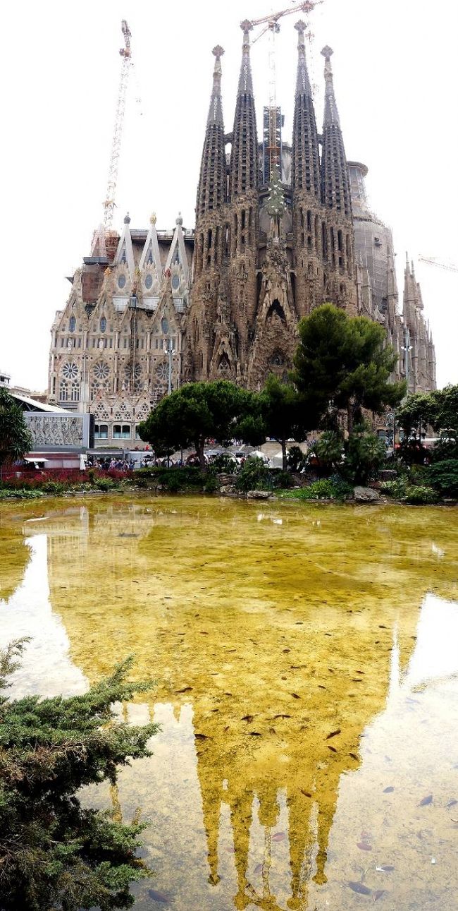 池に映るサグラダ・ファミリア。残念ながら青空でなかったのと、水が浅かったため、きれいな逆さXXX写真にはならなかった。