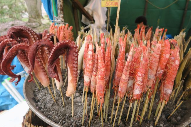 園内では早くから出店がオープンしています。<br />タコにエビの串焼き。<br /><br />これも斬新な絵ですなぁ。。。<br />初めて見たよ・・・・。<br /><br />ここで買おうか迷ってやめたけど、タコの串やきにはその後出会うことができなくて、買わなかった事を大後悔しました（涙）<br /><br />園内広くて後戻りする気にはなれんのです。。