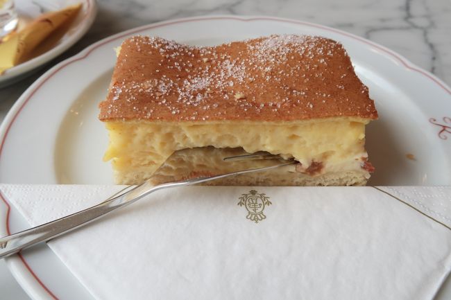 友人が頼んだのはドレスデンの名物アイアシェッケ。<br />卵のクリームにレアチーズを挟んだシンプルなケーキ。<br />甘味が強いケーキが主流なドイツでほんのりした甘味のこのケーキは日本人の口に合うと思います。<br />プラハでケーキを食べた時もですが、何でケーキにホークを刺してサーブされるんだろ。。