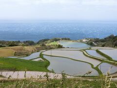 変える途中で東後畑棚田に寄ってみました。ここは日本棚田１００銭に選ばれた棚田ですが、棚田としてはさほど景観が素晴らしいとはおもえませんでした。
この程度ならどこにでもありそうな棚田の風景です。
ここはイカ釣り船の漁火が日本海に無数に輝く光景が美しく、日本海を眼下に棚田が珍しいとのことで１００選に選ばれました。
田植え前の田んぼに水が張られた状態で、漁火を見ることが出来る５月の夕方から夜にかけて、多くのカメラマンが写真を撮るためにここに集まってくるんだそうです。
ここにはその棚田とイカ釣り船の漁火の写真がパネルにして展示されていましたが、心無い人によってその写真パネルはナイフのような物で傷つけられていて、怒りを覚えました。
まだ新しい物と交換されていなかったので最近傷つけられたのかもしれません。