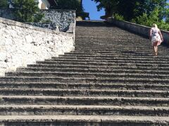 ゆったりボートで島に到着。
スロベニア旅行記でお馴染みの聖マリア教会に続く99段の石段。

地元の若者には人気の結婚式スポットで、新郎は新婦をお姫様抱っこして上らなければいけないんだとか。
ここでだったら結婚してもらえなかったな…

そんな石段、普段だったらちょっと高いな〜くらいにしか感じない程度だけど、朝一プチ登山後の身には果てしない…