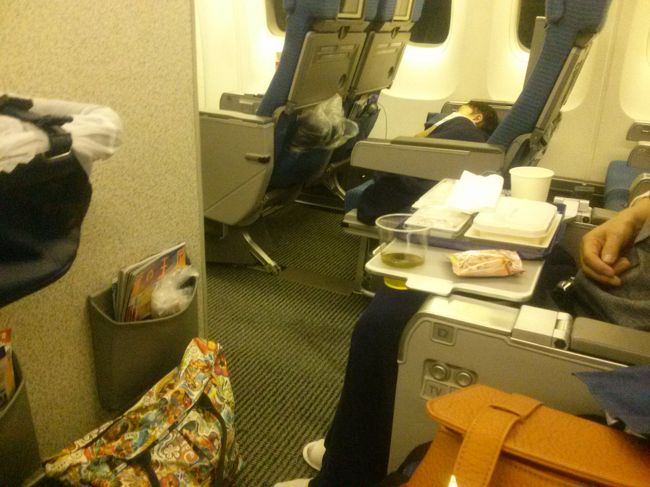 バシネット席は足元広々です！シートベルトのランプが消えれば、荷物を置いても大丈夫です。<br />モニターとテーブルは収納式とは聞いてましたが自分では分からず、ＣＡさんにおねがいしました。座席の左側のひじ掛けからテーブルが、下の方からモニターが出てきます。<br />他の席と違って、ひじ掛けが上がらないので不便かなあとも思いましたが特に気になりませんでした！<br /><br />そしてそして、写真でわかりますか？！窓際２席にゴロンと寝ているのが３歳の長男です。寝ている席の前後も空席です。<br />出発してビックリ(*‘∀‘)すっごくガラガラだったんです〜！<br />みなさん移動し放題。３席使って横になっている方がちらほら。<br />というわけでご飯食べ終わった長男くん、おやすみなさい(^O^)なんてラッキーなんでしょう！<br />