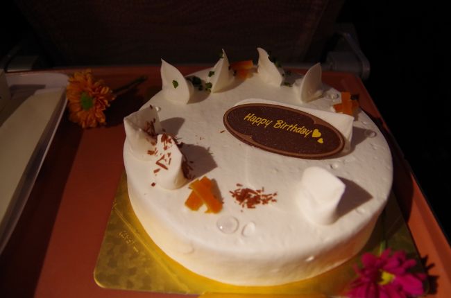 今回はBirthday Tripなので、事前にエミレーツのオフィスに電話して、バースデーケーキを予約。どの便でケーキを出してもらえるか選べます。<br />ケーキは持ち帰りOKなので帰りのドバイ発にしようと思ったけど、日本搭載のケーキが一番美味しいかなと思って。<br /><br />4～5人で食べるような大きいサイズのホールケーキ。これがめちゃくちゃ美味しかった！ポラロイド撮影とゴディバのチョコレートもいただきました。<br />ケーキは少し食べて、残りは持ち帰り用に。<br />