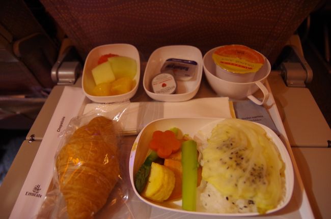 機内食。ケーキも食べたしおなかいっぱいだけど完食。