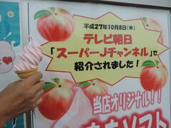 7月17日　曇りときどき雨

連休中日なのが幸いしてたいした渋滞も無く東北道を北へ。
福島県の安達太良ＳＡにて休憩。
写真は「モモソフト」
少し巻が悪いので食べるのに苦労致しました(笑)
