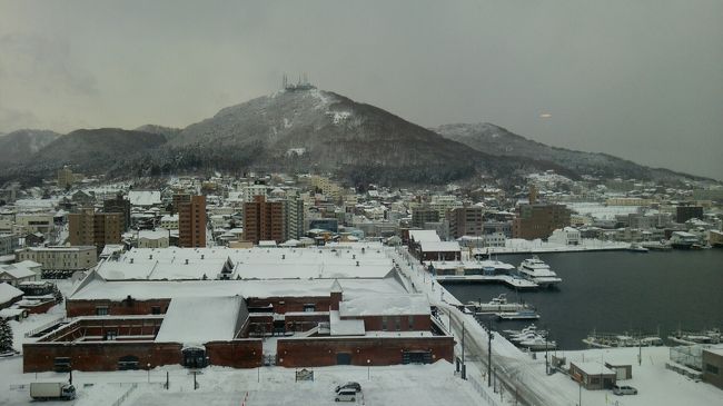 寒いのでホテルに入り、函館山を眺めます。
