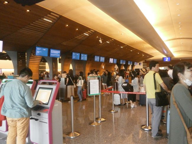 チェックイン混んでいて並んでいると、オンラインチェックイン簡単ねと係の人が言っていて、やってみようとチビに並んでもらって、教えて貰いました。<br /><br />まずパスポート読み込ませ、日本語に変換、座席指定して<br />最後にボーデイングパスが出てきて終了です<br />日本語対応があるのは、嬉しいですね。さすが台湾！<br /><br />次回もオンライン利用ですね