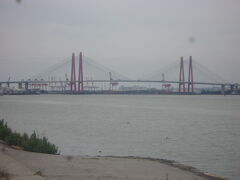 後ろを振り返ると、先程船で下を潜ったばかりの名港西大橋が望めました。