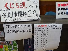 道の駅和田浦ＷＡ・Ｏ！に来ました。
ここにもくじら解体情報があります。

今夏の和田漁港捕獲枠は２８頭。
経過に今日の分が書かれていないから、残り１２頭かな。