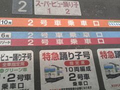 　日頃、瀬戸内海の穏やかな海しか目にしていないＡが「太平洋が見たい」という希望。城ヶ崎海岸に行くことにしました。伊東駅から伊豆急行に乗ります。足元にこれだけ表示があるので、どれを見たらよいか分かりません。駅員さんに聞きました。日本語が通じるので、分からないことはすぐ聞くＣ。「リゾート赤いラインです」とのこと。