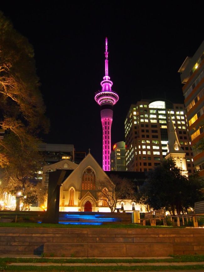 疲れたという母をホテルに残し、ここからは一人でスカイタワーを目指します。<br />ピンクリボンのキャンペーンでタワーはピンク色に染まっていました。