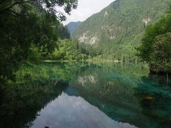 五花海（長450ｍ・幅227〜313ｍ・深さ12ｍ・水容量60万&#13221;・標高2462ｍ）を孔雀河道（五彩池が流れ出る流路）上の橋から撮ったものです。