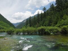 滝から遊歩道を歩くと、小滝で段階上になっている樹正群海（大小18個の湖から形成・標高2187〜2280ｍ）となります。女流から群海の下流へ撮ったもので、川上に木々が植生しています。