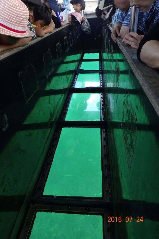 こんな形で真ん中の底が見える船で周りに座席があります。船頭さんが色々とマイクで説明してくれますが、エンジンの音がうるさくてあまり聞こえませんでした。<br />ただ、海ガメが見えたのが、唯一の収穫でした。