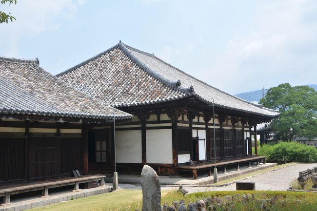 極楽堂を西から。瓦の色が2種類あり茶色の色の瓦が飛鳥時代の日本最古の瓦として残っているそうです。