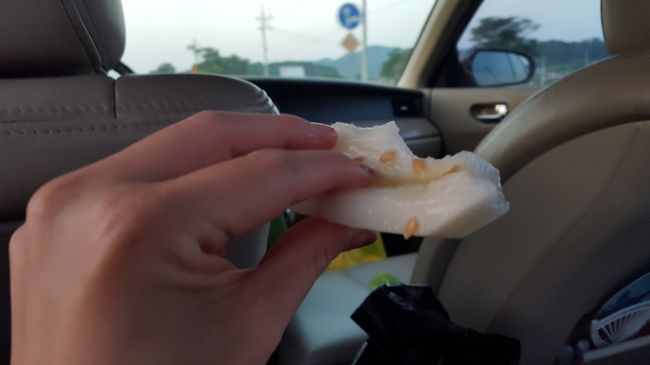 販売のおばちゃんに今食べれるように一つ剥いてもらって試食〜<br />おぉ、こんな味だったのか！固めのメロンって感じ。