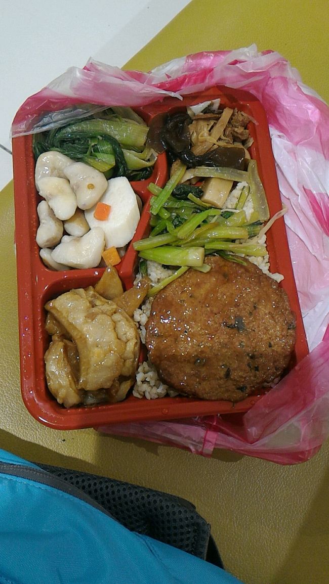 日本に帰ってきました。<br />到着は夜中の1:35。<br /><br />バスはないので今回も空港で夜明かしです。<br />ターミナル2へ移動してしばし睡眠…<br /><br /><br />5時半ぐらいに起きてお土産のお弁当をいただきます。<br />台北駅近くの三来素食館で購入。<br />素食弁当です。すべ野菜、豆のみです。<br />ゴハンは玄米ご飯でした。<br />これで70元は安すぎる！！<br /><br />右上の湯葉と昆布の炊いたのが美味しかった。あと右下の甜不辣。<br />これも美味い！<br />左上のと右の真ん中のやつは同じのでした。(笑)