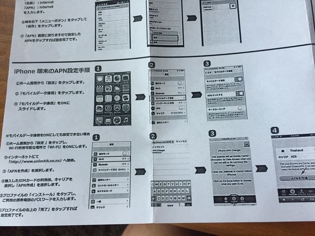 現地SIMをyahooショッピングで購入。<br />ＡＰＮ設定も必要ありませんでした。<br />なぜか３Ｇでずっと使用していました。<br />やっぱり必要ですね。<br /><br />７日間使用可。１．５Ｇまでそれ以降はトップアップ（セブンイレブンでできる）<br />１００バーツ分の無料通話付き　１２２０円