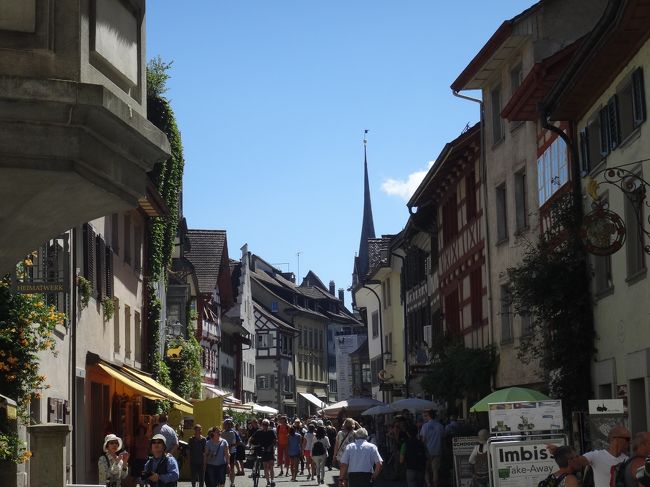 シュタイン・アム・ラインという街の名を直訳すると「ライン川沿いの石」なんだそう。石は石でも宝石のように美しく輝いている街でした。<br />私たちは朝シュトゥッガルトのホテルを出発し、バスでここまで来て、船着場からシュタイン・アム・ライン〜シャフハウゼン間のライン川クルーズの船に乗りました。