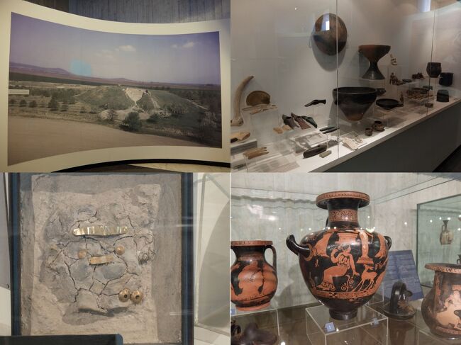 荷物はクロークに預けることになります（無料）。<br /><br />身軽になったところで、展示室へ。<br />順路に沿ってまずは超古代の展示からスタート。<br /><br />左上はプロブディフから50km程にあるYunatsiteにあるTell Yunatsiteという遺跡。<br />右上はその発掘品だったかと思います。<br /><br />左下はネクロポリス出土品のレプリカ、右下はアポロニア・ポンディカ（現ソゾポル）のネクロポリス出土の土瓶です。