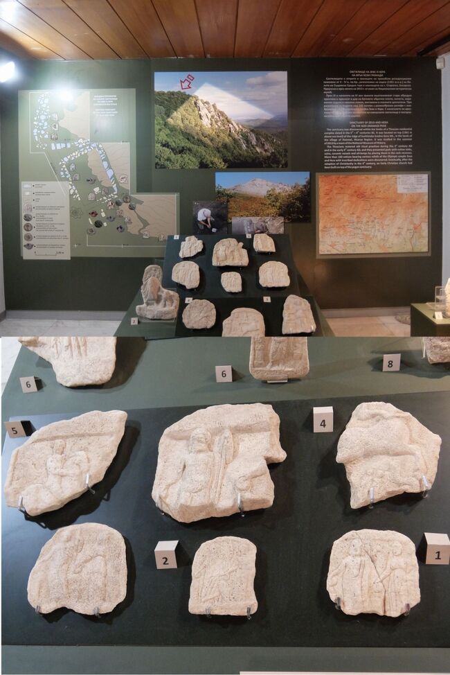 Sredna Gora山のKozi Gramadi peakで発見されたトラキア人住居跡。<br />上の写真に矢印がありますが、あんなところに住んでいたとは！<br /><br />下の写真は、Votive slabs・・・願掛け用の石でしょうか。<br />多くは大理石でできているんだそうです。<br />それぞれ彫刻が施されており、1・2・4番はゼウスとヘーラー、6番は乗馬するトラキア人です。