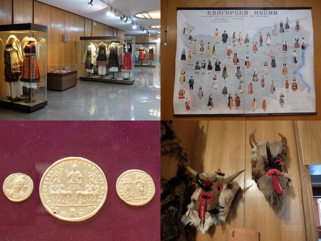上段は民族衣装。<br />さっき民俗博物館でどの地域がどの衣装？というのがありましたが、右上の写真が答えですね。。<br /><br />左下はリラの僧院から4世紀コンスタンティウス2世の時代のコイン。<br /><br />右下はクリスマスのエピソードのパネルと共に飾ってあったので、そのときにかぶるお面なのかな？