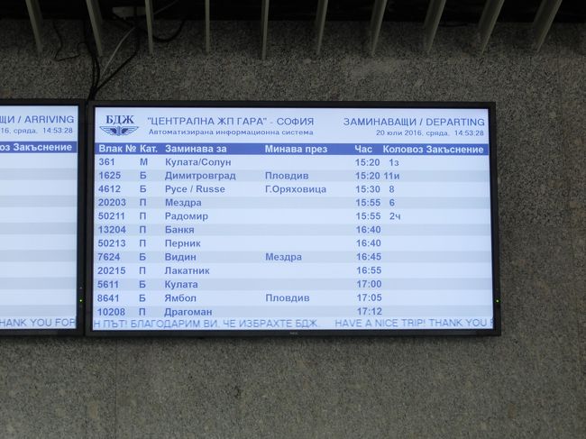 案内板はきれいなディスプレイ！<br />一番上の「Солун」がテッサロニキ。<br />ブルガリア語ではソルンというんですね。