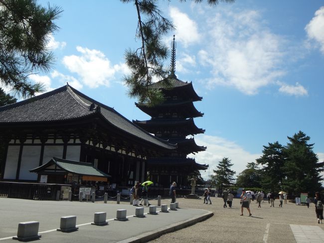 2つの塔、初の同時開扉ということで<br />奈良興福寺国宝特別公開2016五重塔三重塔の初層の内陣公開<br />混むのは嫌なのでまずは五重塔、次に東金堂、宝物館、南円堂、三重塔で。<br />宝物館は左手にあり。