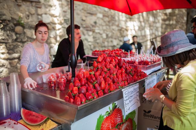 サンジョルジェ城の門の前で露店でイチゴを売っていました。<br />日本以外ではイチゴは案外ぞんざいな感じで売っているのを見かけますが、この屋台ではとっても綺麗にディスプレイして売っていました。しかも安い、美味しい！