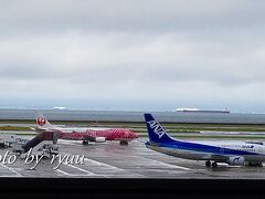 中部国際空港
台風１３号を回避してなんとか飛び立ち
さくらジンベイジェットが駐機していた次発の便だった！
スマホでズームして撮影したので画質が悪いです・・・