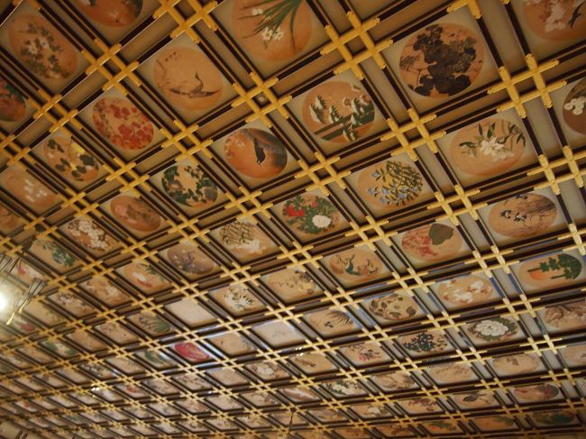 上を見上げると、２３０枚の花鳥彩色画の絵天井