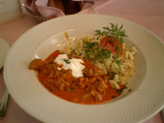 　私が注文したのは豚肉のフリカッセですが、付け合せのパスタのようなものがかなりの量。味はいいんですが、基本的に濃い味のハンガリー料理。さらにワタクシ「日本サイズ胃袋」しか持ち合わせていなかったので、完食するにはちとツライ。<br />しばらく滞在するとちゃんと「ヨーロッパサイズ胃袋」になるので、食べられるようになるんですけどねぇ。短期旅行の切なさですなぁ。<br /><br />　ゆっくりと時間をかけて、ワインを飲みつつ食事を楽しみました。折角の旅、しかもいい店に来ているんですから、時間を気にしながらセコセコ食べるなんてもったいないもったいない。<br />