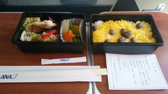 さあ、昼食が出てきました。<br /><br /><br />壱ノ重<br />厚焼き玉子<br />菊とほうれん草のお浸し<br />鯖の塩焼き、豚肉ポン酢炒め<br />秋刀魚フライ辛子ソース漬け<br />炊き合せ（茄子、大根、南瓜、人参、いんげん）<br />しば漬け<br /><br />弐ノ重<br />むかごご飯<br /><br />495Kcal<br /><br />初めて食べました、むかご。<br />芋っぽい味がしたので、後で調べてみますと<br />里芋の一種と出てきました。<br /><br />へぇ〜<br /><br />