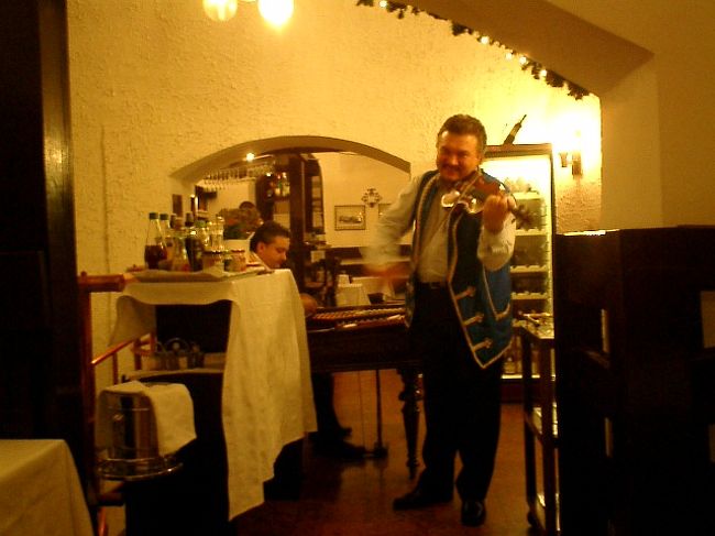 　この店では18時以降、何回かジプシー音楽の生演奏があります。バイオリンとツィンバロムの2人で奏でます。生演奏好きのワタクシ達。生の音色にうっとりです。<br /><br />　ツィンバロムとは木琴の一種らしいのですが、鍵盤が無い小型のピアノのような形をしており、弦をマレット（木琴を叩くバチ）で叩いて音を出します。どんなのか伝わります？？？<br /><br />　東洋人が珍しいの？かワタクシ達のノリが良かったからか、2人はこちらをちらちら見ながら演奏。夫は彼らに対して背を向けているのでそうでもないのですが、ワタクシはまさに彼らのほうを向いて座っていたので気になって仕方ないんです〜視線を感じる（笑）<br />　食事中もバイオリンのおじさんはすぐ傍まで来て熱演してくれます。もうノリノリ。<br /><br />　この日は金曜の夜でしたが、そんなに客は多くありませんでした。そのせいでしょう、この2人、我々にたっぷりサービスをしてくれました。<br />　そう、ワタクシ達の耳に届いたのはなんと「荒城の月」。ハンガリーで「荒城の月」聴くなんて思ってもみませんでした。その後は「上を向いて歩こう」。異国で聴いてもいい曲です。<br />