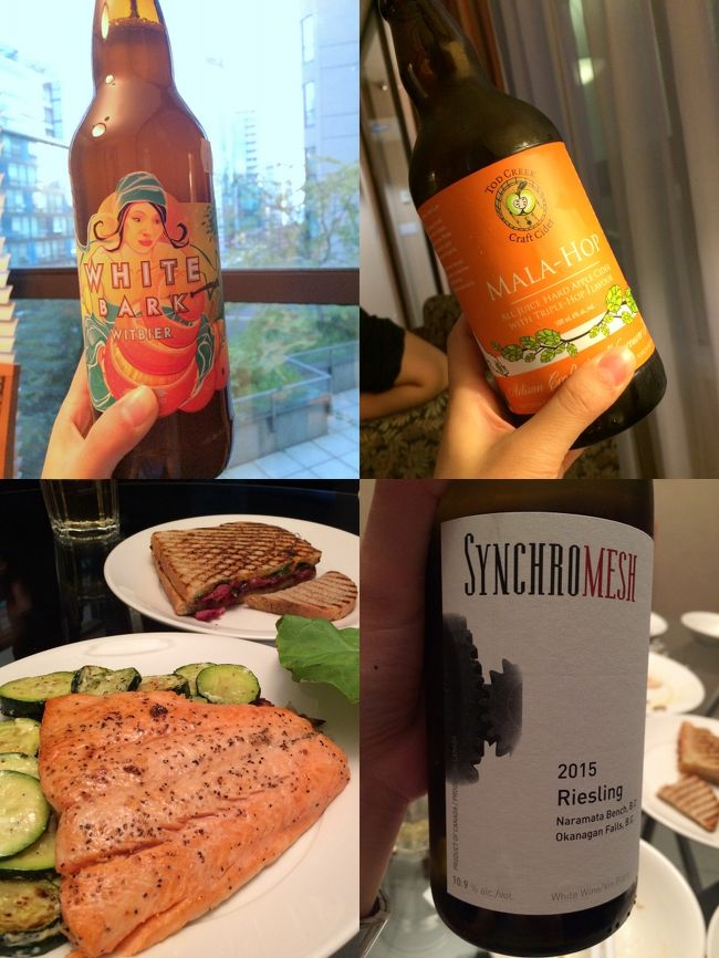 今宵の晩御飯です。<br />サーモンからいただきました〜<br /><br />カナダは地ビールがわんさかあって･･･楽しいっす！<br />飲んで食べてばたんきゅ＝