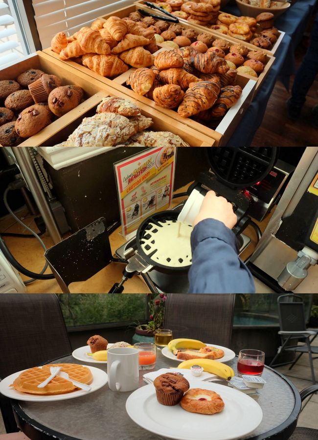 ホテルに戻って朝ごはん<br />やたらと口コミで簡単な朝食しかないと書かれていた朝食。<br />パンがいっぱい！感動〜★<br />確かにハムもチーズもサラダもないけど、シリアルと牛乳ぐらいしか置いてないのかと思ってたので大喜び<br />ワッフルも焼けるし、テラス席でいただきます〜<br /><br />部屋に持って帰ってもOKらしく（お持ち帰り用の紙皿が置いてあった）ベーグルをもらって帰ってお昼用のサンドイッチにすることにしました