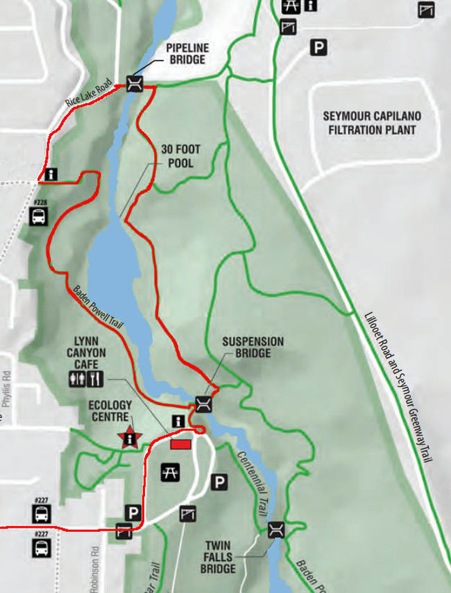 拡大図<br />赤の線が歩いたところ<br /><br />公式HP(http://www.lynncanyonecologycentre.ca)によりますと<br />Thirty Foot Pool Trailは30 foot poolまで行ってちゃちゃっとループでつり橋まで戻ってこれる、お手軽トレイルですよ。とのこと<br />30 foot poolまでは20分。<br />さっそくでかけましょう〜<br />