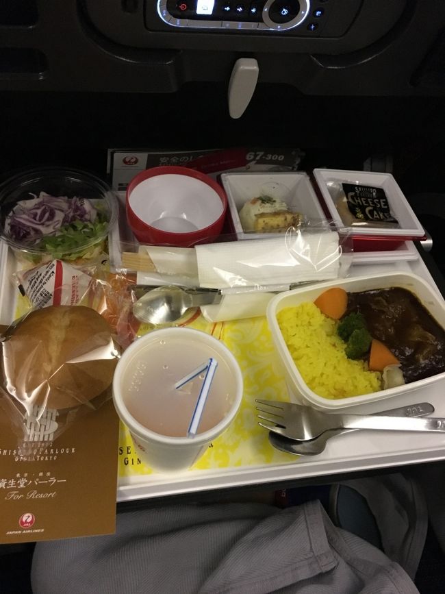 キッズミールをリクエストしていたのに、タロさんの分用意がないと…<br />大人と同じ「資生堂パーラーのビーフシチュー」が配られましたが、この時すでに夢の中〜<br /><br />ビーフシチュー、美味しかったです。<br />旦那さんは２つペロリと完食しましたσ(^_^;)<br /><br />ウトウトしたり機内エンターテイメントを観ているうちに、着きました〜！<br />雨上がりのホノルル空港。<br /><br />今回は、ネットから一番ハワイシャトルにホテルまでの送迎をお願いしました。<br />帰りはタクシー予定だったので、片道のみ。<br />大人$１０、タロさん$６、荷物はスーツケース大２、小１、ボディボード１の計４つだったので、チップ込み$３０お支払いしました。<br /><br />個人出口から出ると、名前の書いたボードを持った女性がお出迎え。<br /> 「ワイキキにいるシャトルが戻るまで少し待ってね」と言われ、２０分位待ちました。その間にフリーペーパー類をゲット。<br /><br />シャトルに乗ると、運転手さんかカタコトの日本語で「キョウ、アラシ、クルヨ〜」<br />…ん？！あ、嵐？！うそー、マジ〜！！と、大興奮したのも束の間、助手席の女性が「台風の事ですネ〜」…そっちかぃ！<br />確かに空はドンヨリ、雨が今にも降りそうです。<br /><br />宿は、ヒルトン グランドワイキキアン。<br />レイをかけていただき、チェックイン手続きするも、お部屋はまだ。<br />カードキーは渡され、「用意ができたら、メールします。書いてある部屋へ直接行ってね。」とのことで、まずテストメールが来ました。<br /><br />荷物を預け、ホオキパラウンジでひと休みしたら、ＪＣＢカード提示してピンクトロリーでお散歩とお昼ゴハンへ！<br />