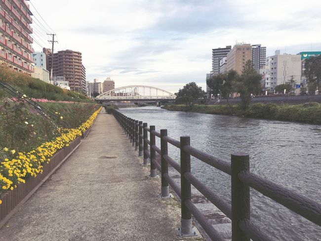 北上川沿いの遊歩道を通って、盛岡駅前のビジネスホテルへ向かいます。