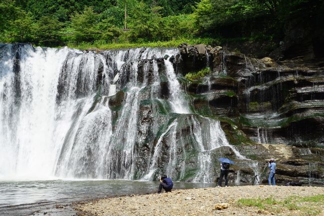 幅のある滝は、苔むした美しい地層を水が流れ落ちて、