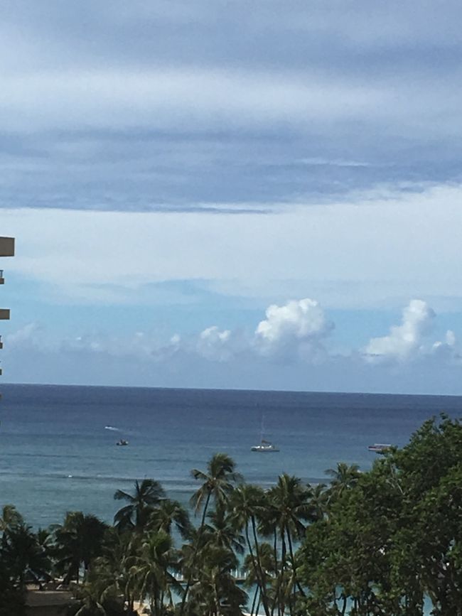 ８日目です。<br />本日も、まずまずのお天気！<br /><br />今日は帰国日です。<br /><br /><br />日課だったラナイでの朝ゴハンの後は…<br />タロさんとパパは水着に着替えます！ <br />ママはどうしても行かねばならぬ所があるため、水着にはならず。<br /><br />支度が済んで、８日間お世話になったお部屋にお別れをし、水着姿でガラゴロと荷物をクロークに預けました（笑）<br />チェックアウトタイムはフロントがすごく混むため、昨日の夜のうちに、チェックアウトを済ませておきました。<br /><br />そして向かうは〜〜<br />