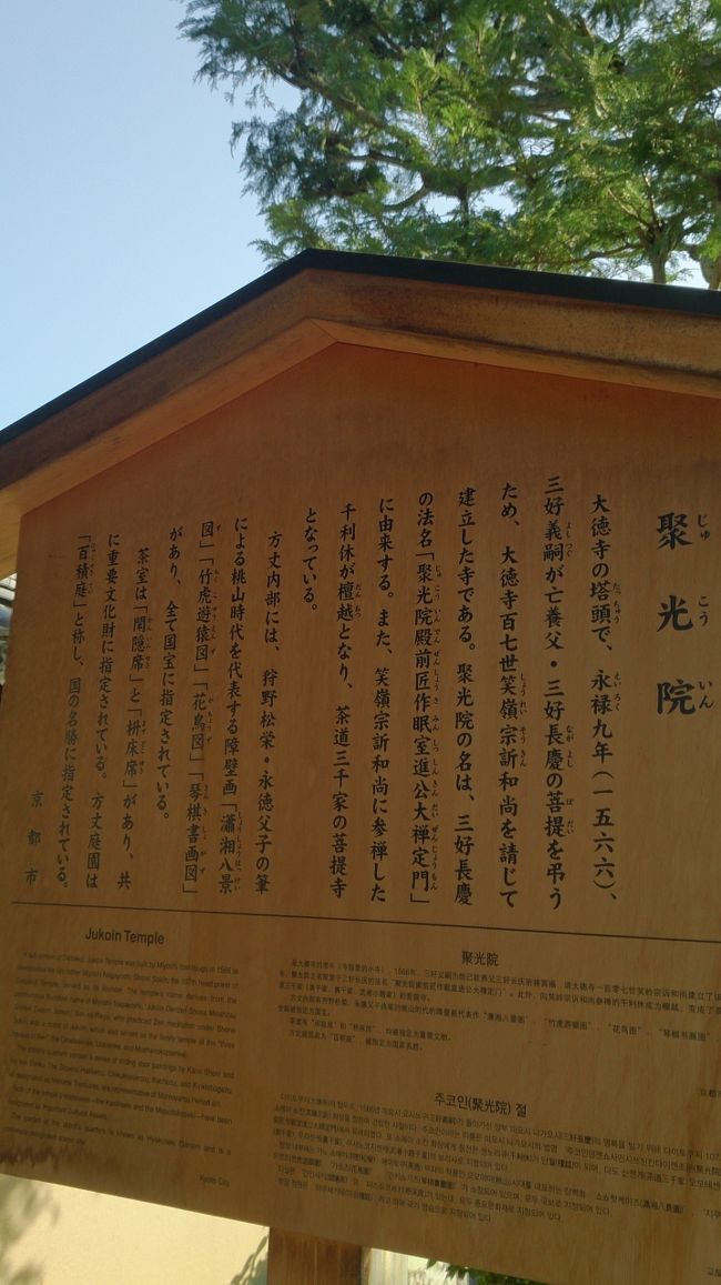 聚光院<br />大徳寺の塔頭（たっちゅう）で、永禄9年(1566)、三好義嗣が亡養父・三好長慶の菩提を弔うため、大徳寺百七世笑嶺宗殕（しょうれいそうきん）和尚を請じて建立した寺である。聚光院の名は、三好長慶の法名[聚光院殿前匠作眠室進公大禅定門（じゅこういんでん ぜんしょうさみんしつしんきんだいぜんじょうもん）］に由来する。