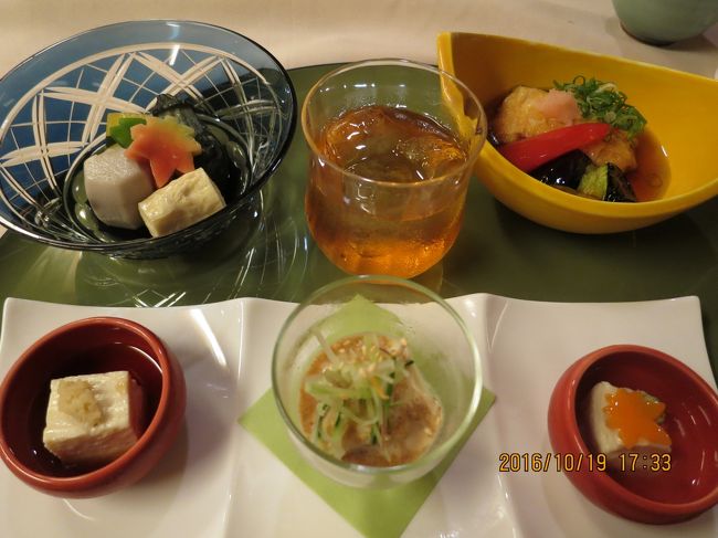 梅酒と前菜のアップ綺麗な盛り付けでしょ<br />豆腐もおふもモチモチしててすごいおいしい