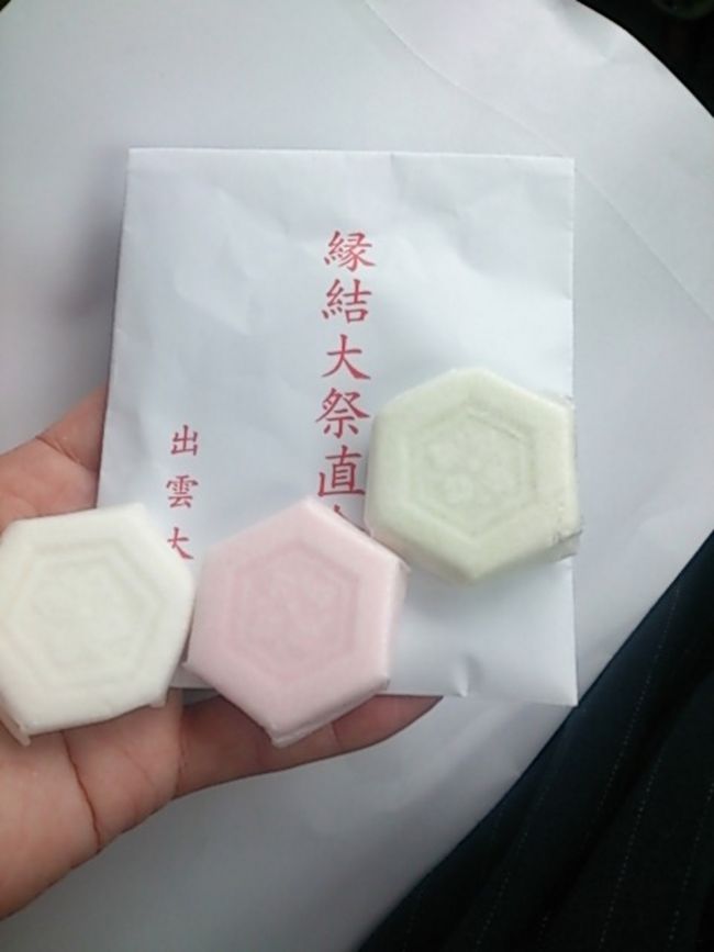 縁結大祭はほぼ座ったままで1時間強。寒いのでひざ掛けとかカイロ持参した方が良いかもしれません。<br />退出は八足門に近いところからになるので、交通機関の関係で早く帰りたい人は早く来て場所取りが必要になるかも。絵馬もちゃんと自分で結んでおきましょう。<br />帰りにまた受付によると直会のお菓子と縁結びの御祈糸（糸は本当は糸が2つ並んでる字）、縁結びのお守り（社務所で売ってる縁結びのと同じもの）を頂きました。